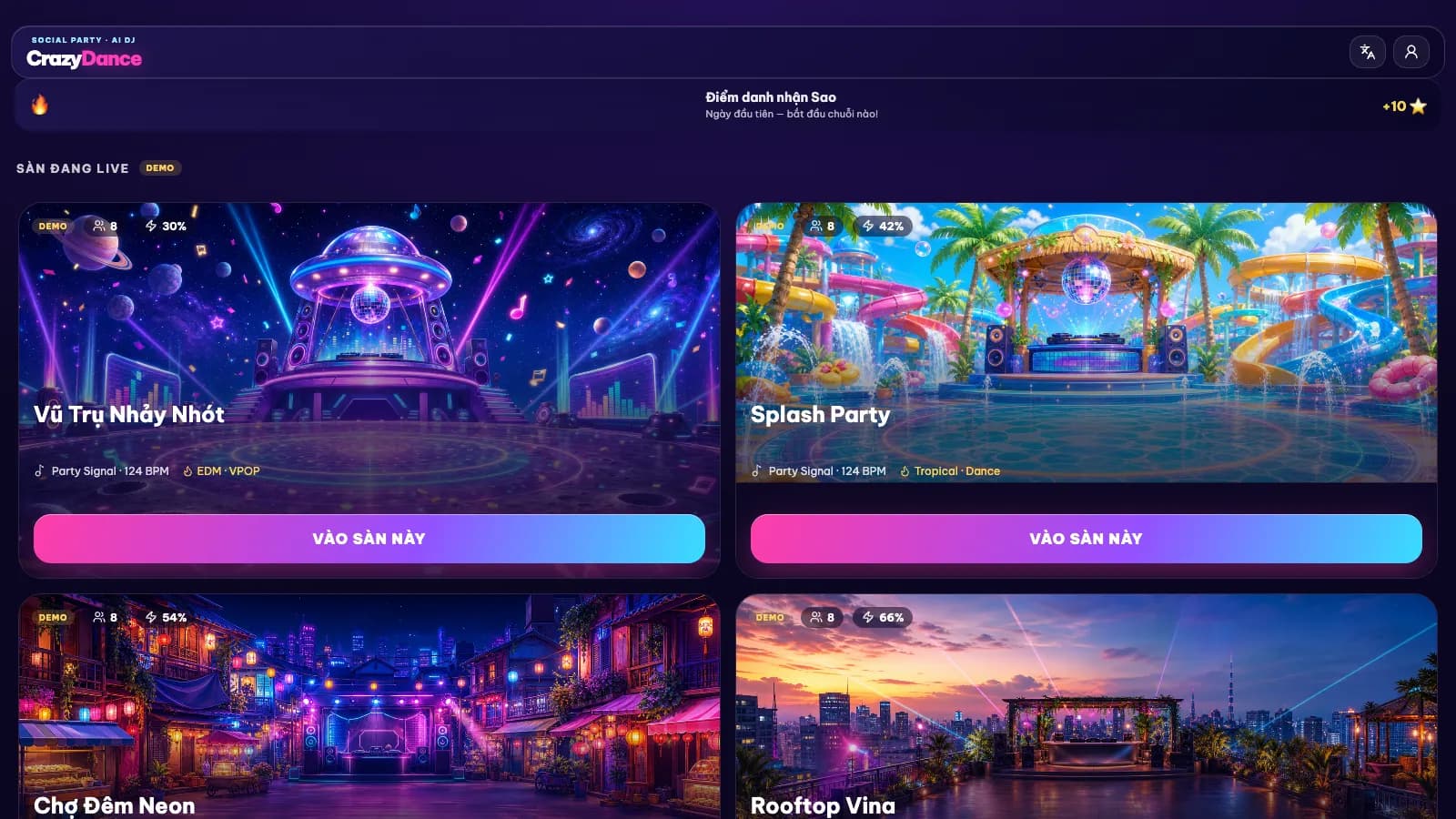 Danh sách sàn đang live của CrazyDance