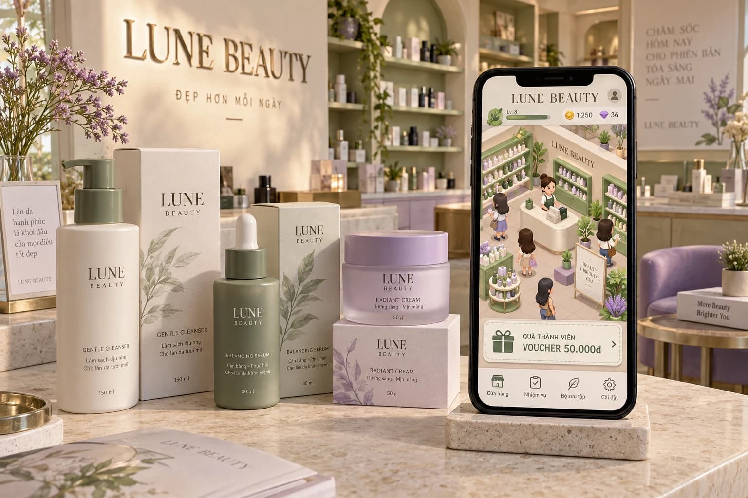 Concept LUNE BEAUTY: cửa hàng, sản phẩm và tính năng game trong app thành viên cùng nhận diện