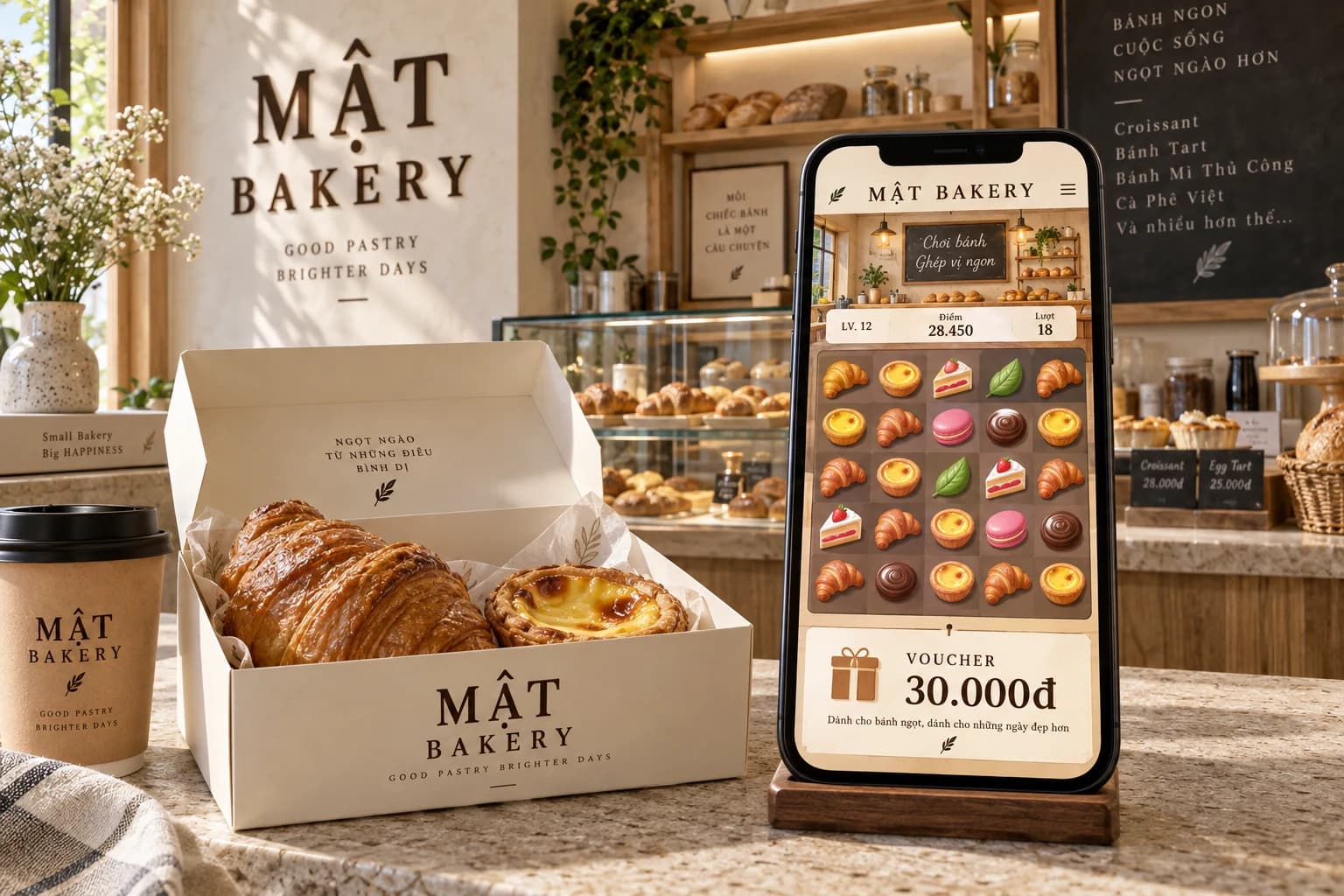 Concept MẬT BAKERY: cửa hàng, sản phẩm và tính năng game trong app thành viên cùng nhận diện