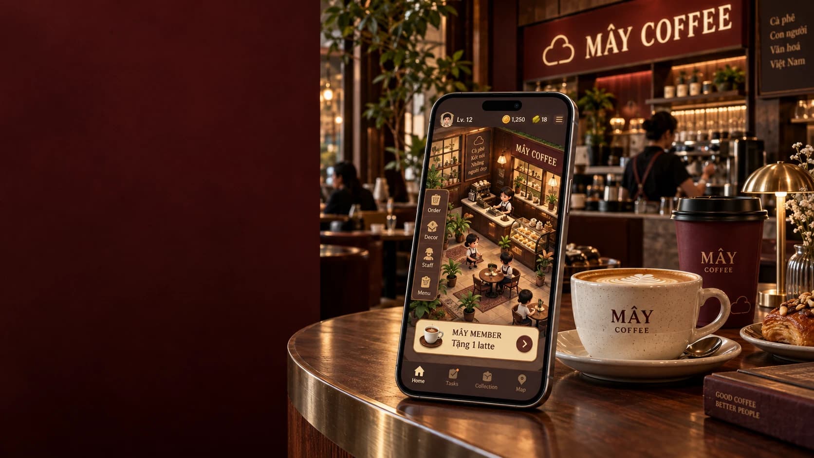 Concept MÂY COFFEE: cửa hàng, sản phẩm và tính năng game trong app thành viên cùng nhận diện
