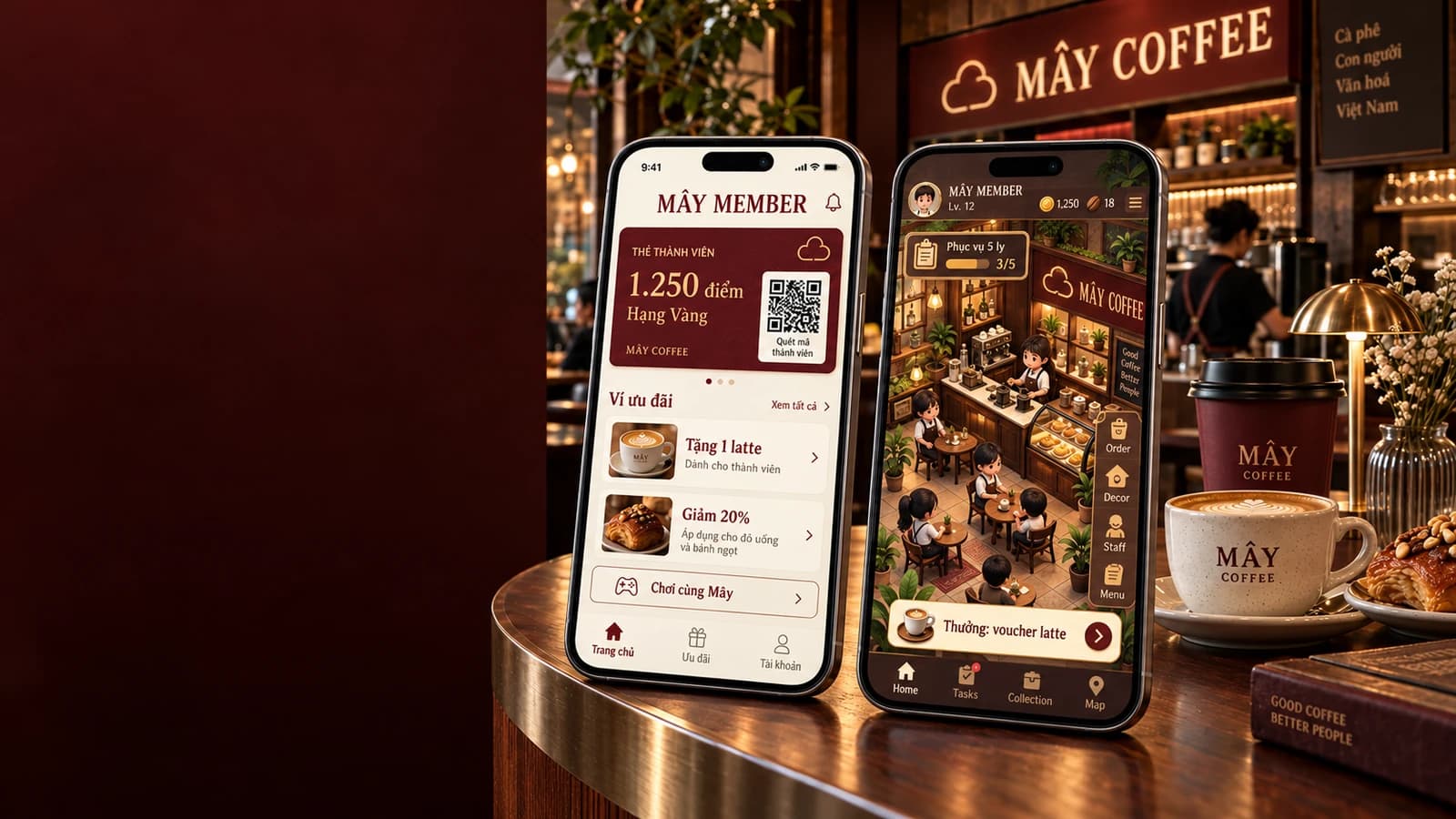 Concept MÂY COFFEE: hai màn hình cùng thương hiệu, một app tích điểm với thẻ và ví ưu đãi, một game quán cà phê